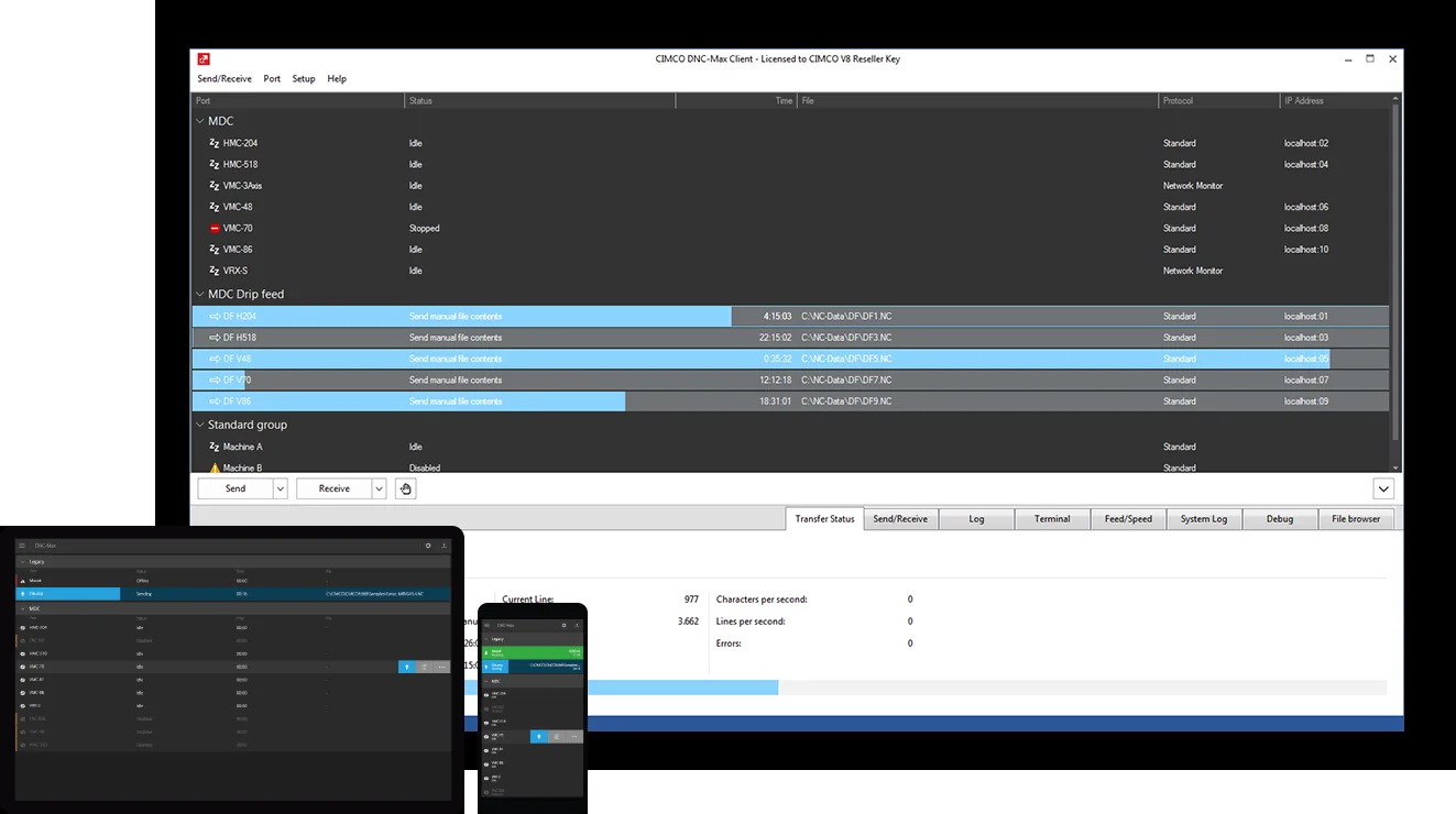 CIMCO DNC communication interface used for controlled CNC program transfer training