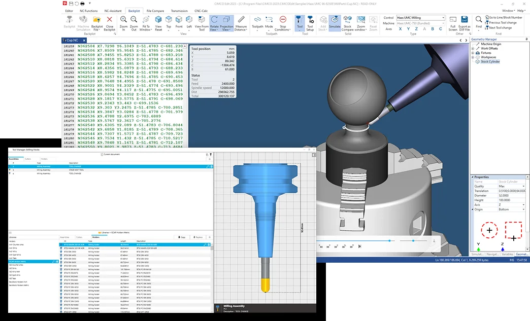 Actual CIMCO Edit interface with NC code, verification views and toolpath simulation screens