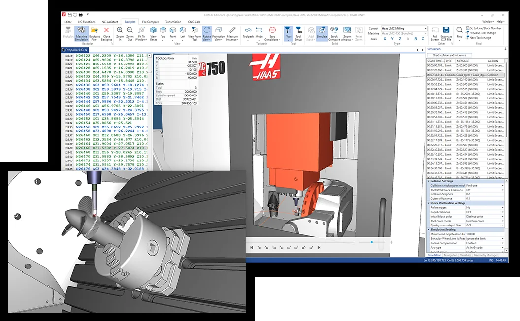 CIMCO Machine Simulation interface showing a CNC machine model, verification status and NC programme execution