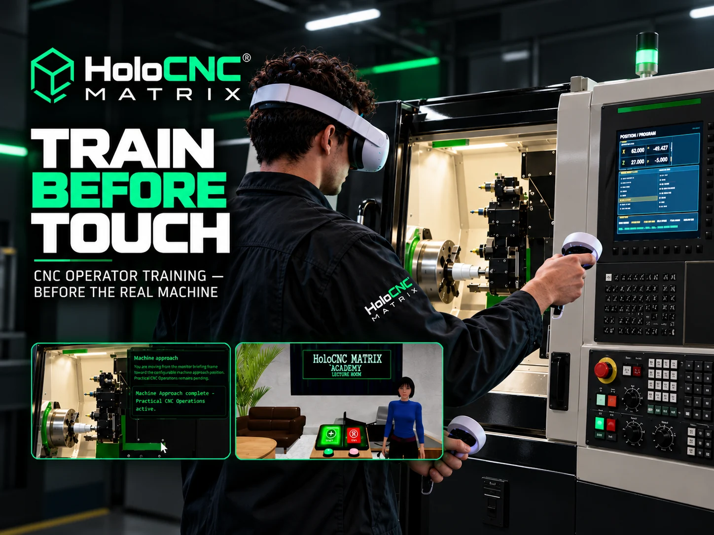 HoloCNC Matrix operator training with VR beside a CNC lathe