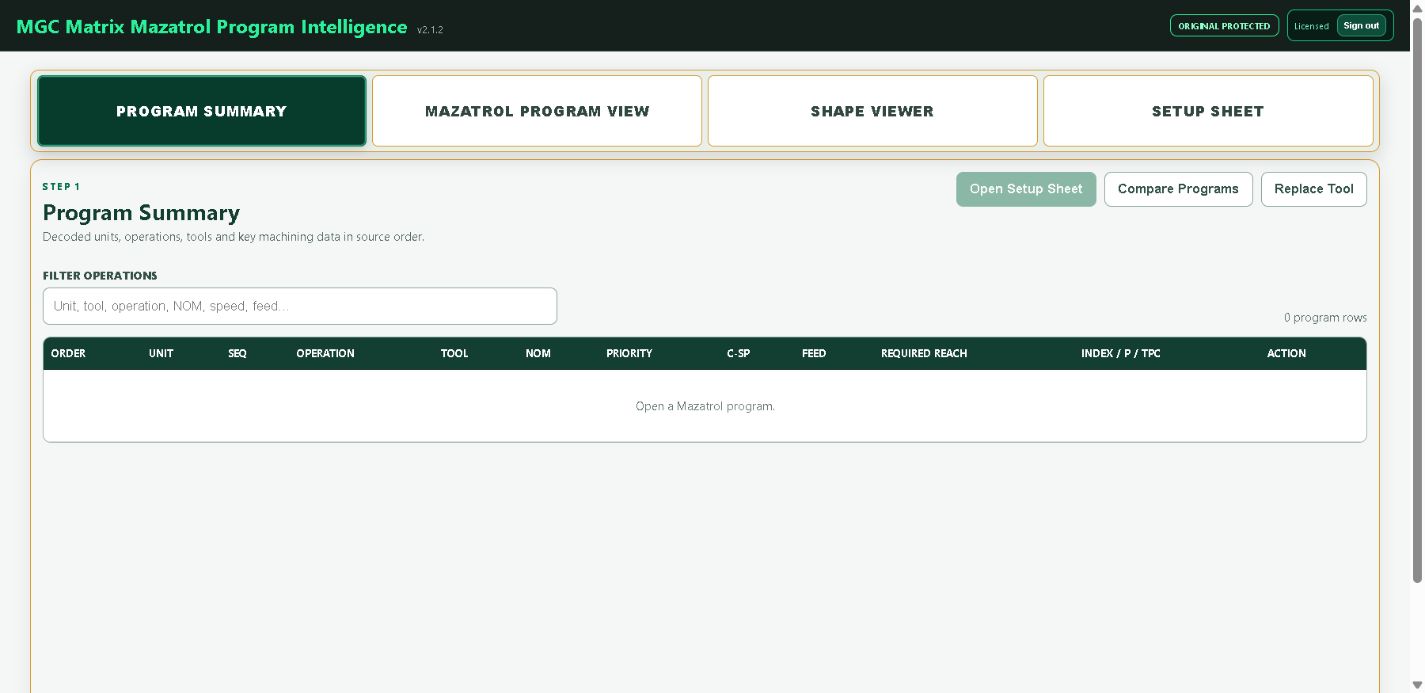 MGC Matrix AI Mazatrol Program Summary interface showing the product workflow and operation table