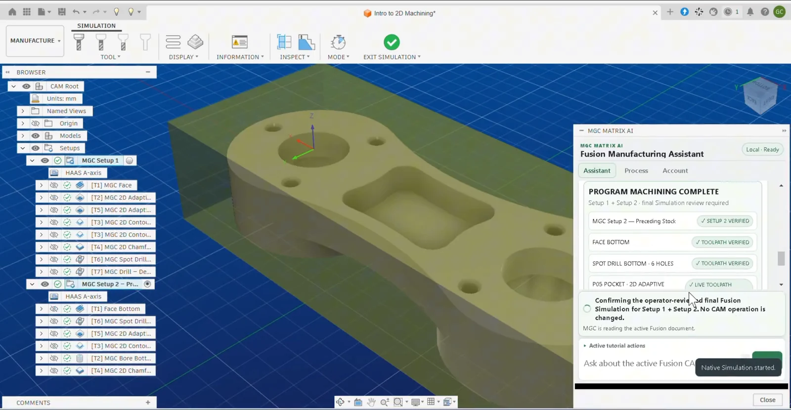 MGC Matrix AI working inside Autodesk Fusion, showing CNC component, CAM setups and manufacturing assistant